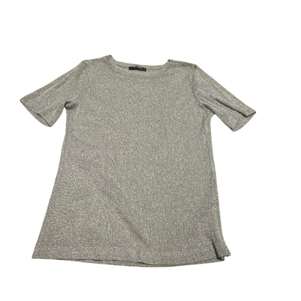 Zara Trafaluc Silver Metallic Shimmer Knit Short Sleeve‎ Top Size M SS17 - Picture 2 of 6